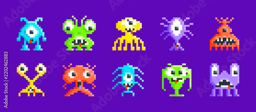 Cartoon Color Pixelated 8 Bit Different Types Creature Monsters Set on a Violet. Vector illustration of Monster Pixel Art