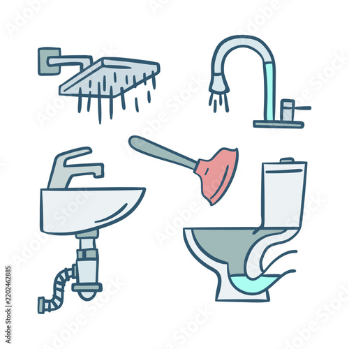 Cleaner Bathroom Plumbing Hygiene and Sanitary Pipe Concept Hand Drawn Doodle Style. Vector illustration of Toilet
