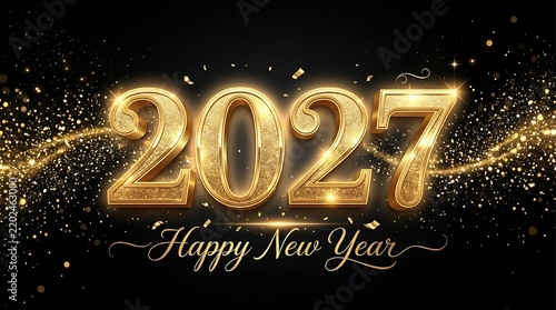 Golden 2027 typography with sparkling glitter particles on a black background