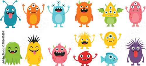 Monster character icon set featuring cute friendly aliens, funny colorful creatures, cartoon elements, and kids design vector.