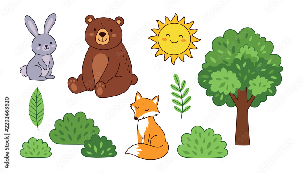 Obraz premium Cute woodland animals and forest nature element set. Rabbit, grizzly bear, fox, smiling sun, green tree, bushes, foliage and wildlife clip art illustrations.