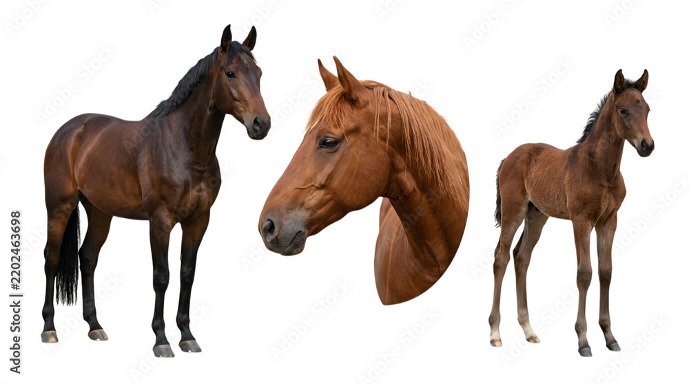 Obraz premium Collection of brown horses and a foal isolated on transparent background