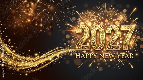 Gold glitter 2027 text with fireworks background for New Year celebration