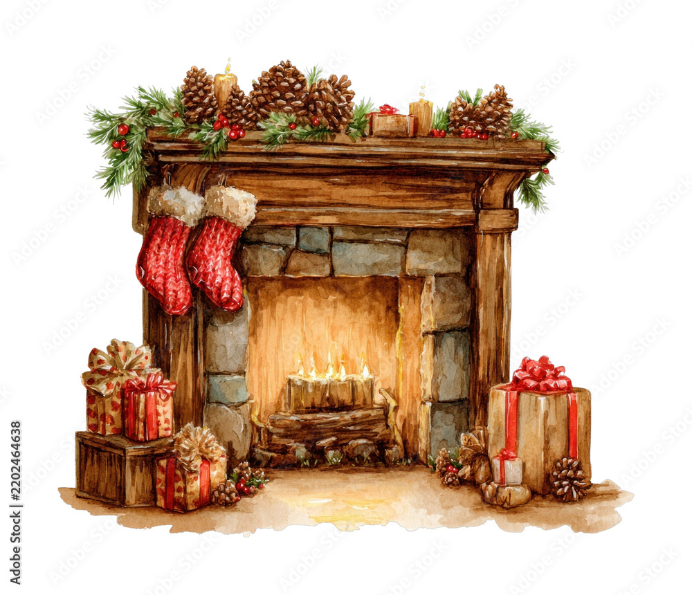Obraz premium PNG Cozy fireplace with festive decorations.