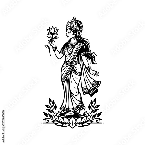 Elegant black and white line art illustration of a traditional Indian Hindu goddess standing on a blooming lotus holding a sacred flower blossom