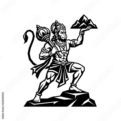 Vector Illustration of Lord Hanuman Holding a Mountain Peak and Mace Standing on Rocks in Black and White Silhouette Style