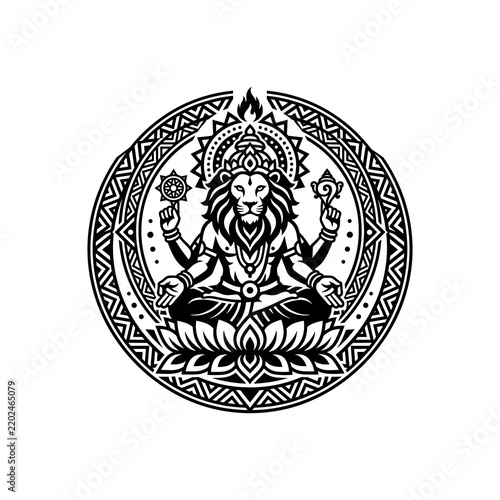 Lion god with intricate mandala design and lotus flower, symbolizing power, spirituality, and enlightenment, presented in a vintage tattoo art style