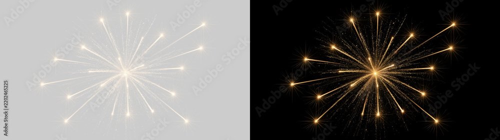 Fototapeta premium Golden firework burst with glowing sparks and star flares. Pyrotechnic explosion isolated on black and transparent background. Festive celebration and New Year design element