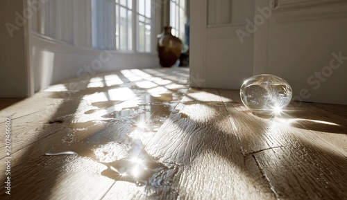Sunlight streams across a light-wood floor, pooling water, and illuminating a glass sphere