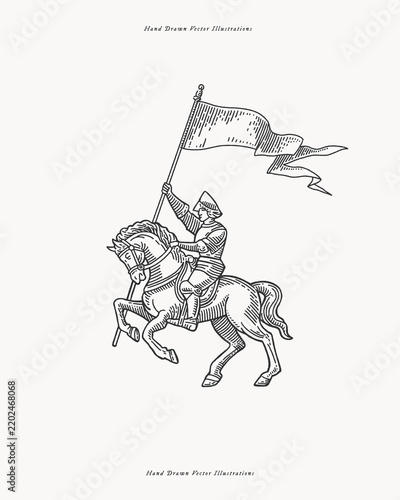 Hand-drawn vintage illustration of a medieval horseman carrying a waving banner. Engraving style artwork ideal for history books, heraldic projects, educational materials, branding, and prints.