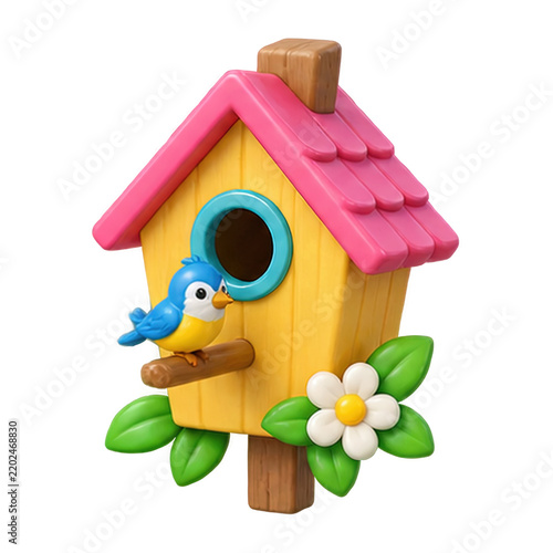 A colorful 3D rendered birdhouse with a small blue bird perched on a wooden peg for garden decor
