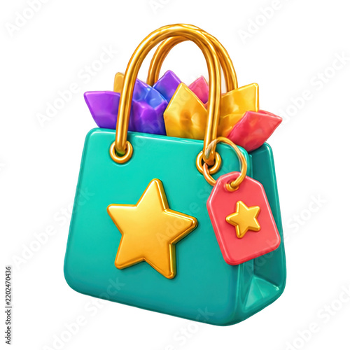 3D render of a teal shopping bag with a golden star icon and a decorative gift tag attached
