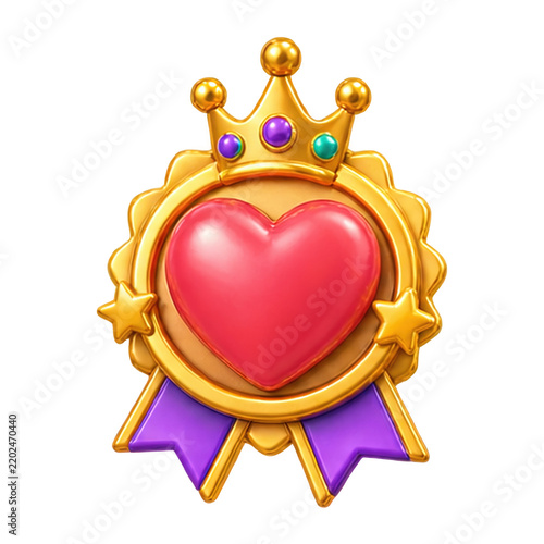 Golden award badge with a red heart and crown for achievement or romantic celebration concepts