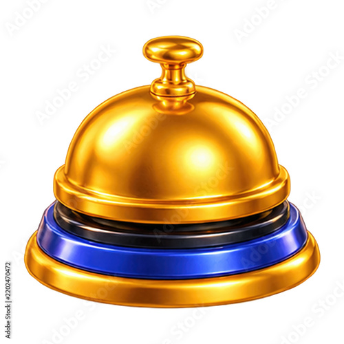 Shiny golden hotel service bell with a blue base isolated on a clean white background surface