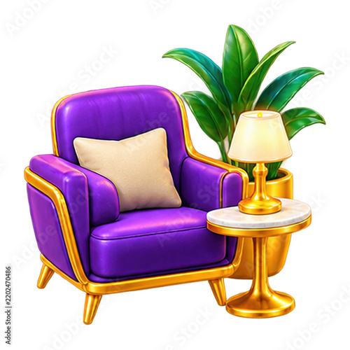 A luxurious purple armchair with a gold frame next to a small marble table and a green houseplant