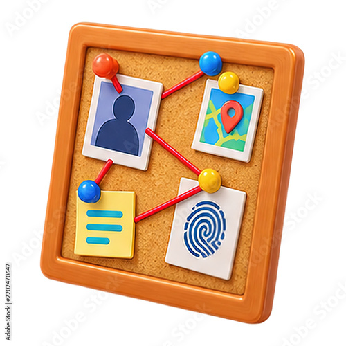 3D investigation cork board with evidence photos, map location, fingerprint and sticky notes