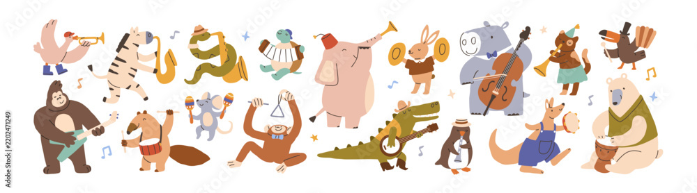 Fototapeta premium Cute animals characters playing music instruments set. Baby bear, hippo, crocodile and mouse musicians. Cute kid characters, animals dancing with music instruments. Flat vector illustration isolated