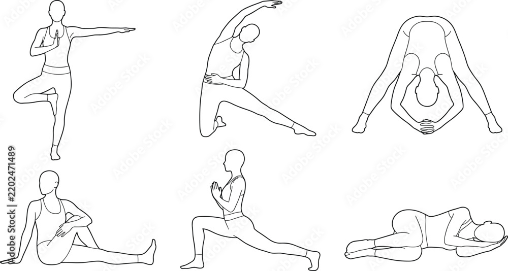 Fototapeta premium Set of Six Yoga Pose Line Art Illustrations for Fitness and Wellness