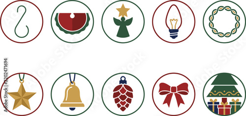 Set of christmas icons including ornament hook, tree skirt, angel, light bulb, wreath, star, bell, pinecone, bow, and gifts