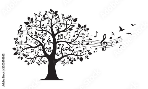 Musical Tree Vector Illustration With Clef Notes Leaves And Flying Birds Silhouette.