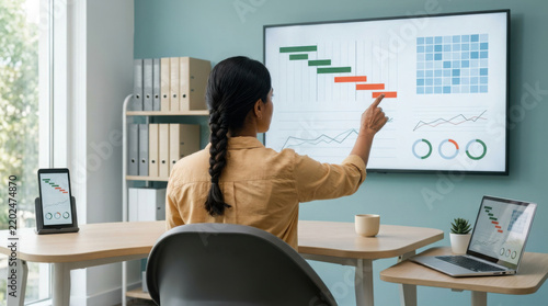 Businesswoman pointing at large screen displaying data charts and analytics in generated using ai