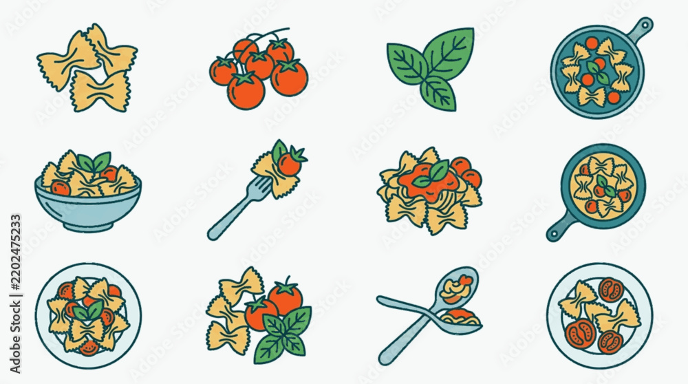 Fototapeta premium Vector illustration set featuring farfalle pasta, cherry tomatoes on the vine, fresh basil leaves, and prepared Italian dishes in pans, bowls, and plates with kitchen utensils.