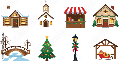 Set of cute christmas village elements including houses, a church, a market stall, a bridge, a decorated tree, a street lamp, and a sleigh with gifts