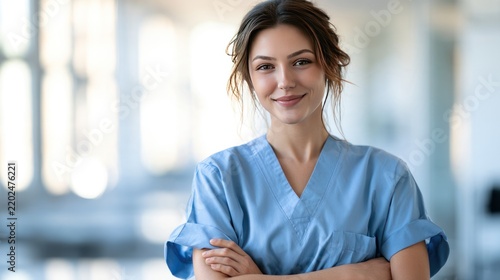 Caring Professional: A smiling nurse in blue scrubs stands with arms crossed, looking confidently at the camera, embodying compassion and expertise in a healthcare setting.