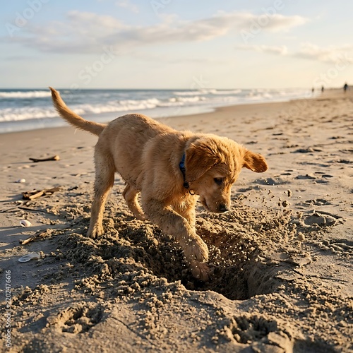 A cute golden retriever puppy digging a hole in the sand on a sunny beach at sunset