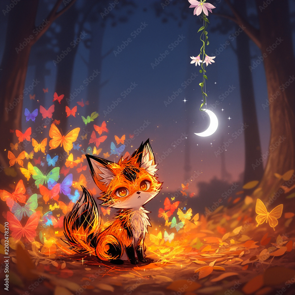 Obraz premium Anime-style tiny fox surrounded by a swarm of multicolored butterflies