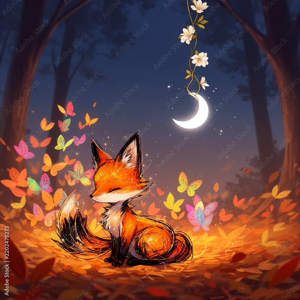Fototapeta premium Anime-style tiny fox surrounded by a swarm of multicolored butterflies