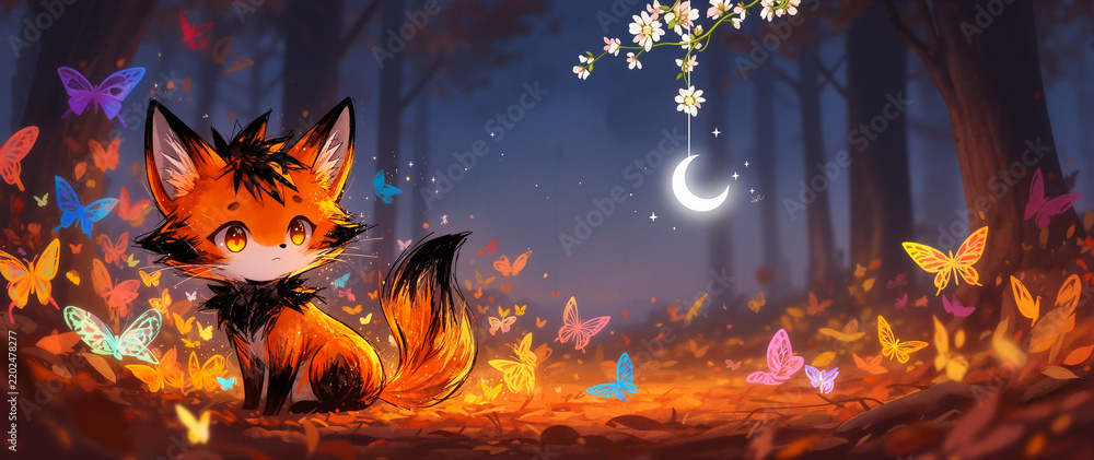Fototapeta premium Anime-style tiny fox surrounded by a swarm of multicolored butterflies