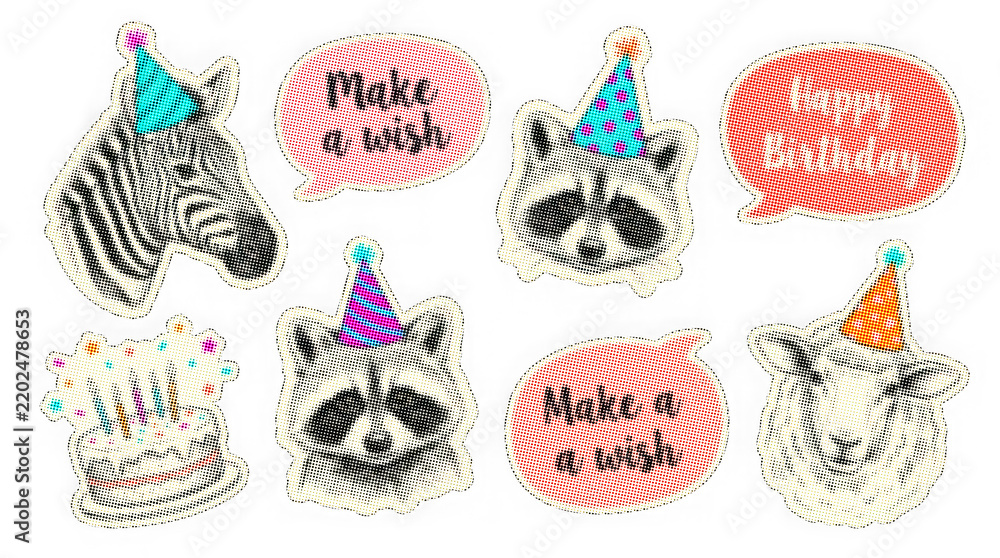 Fototapeta premium Cute animals wearing birthday party hats and making birthday wishes sticker designs transparent background