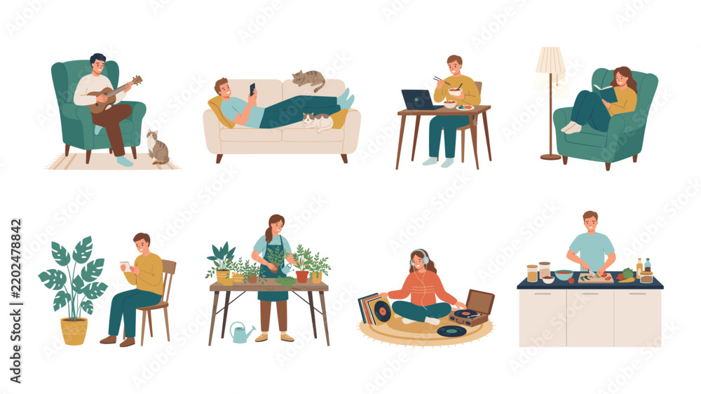 Fototapeta premium Collection of people relaxing at home doing various indoor leisure activities and hobbies flat illustration