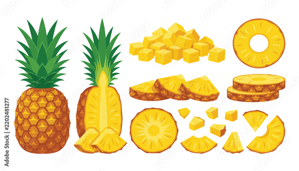 Obraz premium Fresh pineapple and tropical fruit slice vector set. Collection of isolated whole ananas, cut halves, round rings, diced cubes, and sweet juicy chunks.