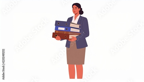 Professional woman carrying books and laptop bag.
