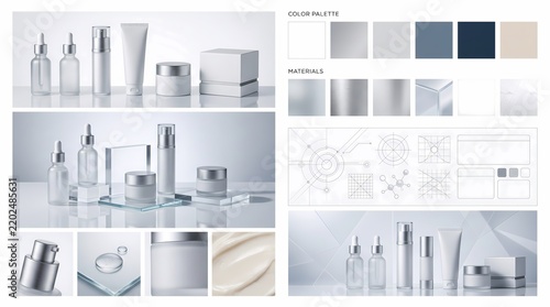 Premium Skincare Packaging Branding Design Set with Minimalist Cosmetic Product Bottles and Cream
