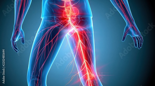 Human nervous system illuminated within a translucent body showing nerve pathways in the legs.