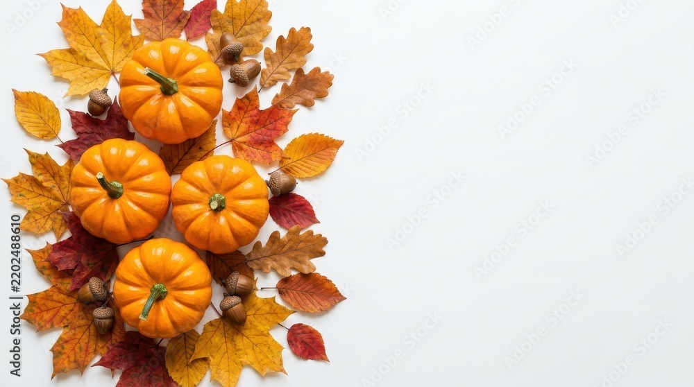 Fototapeta premium Vibrant Autumn Harvest Border with Orange Pumpkins, Colorful Maple Leaves and Acorns on White Background with Copy Space
