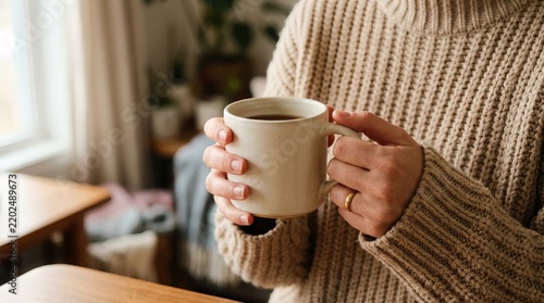 Cozy morning at home with a woman holding a cup of hot coffee in a knitted sweater