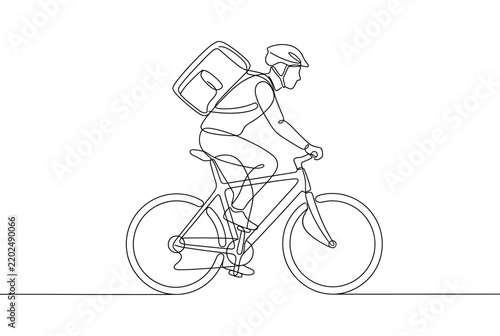 Courier delivering food on bicycle continuous line art drawing.