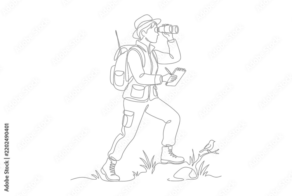 Fototapeta premium Hiker looking through binoculars line art illustration.