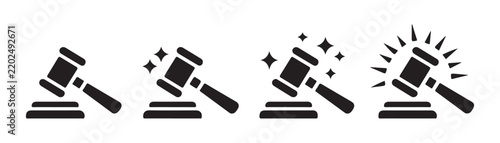 Four black gavel icons in varying styles, some with sparkle effects, representing judgment and authority.