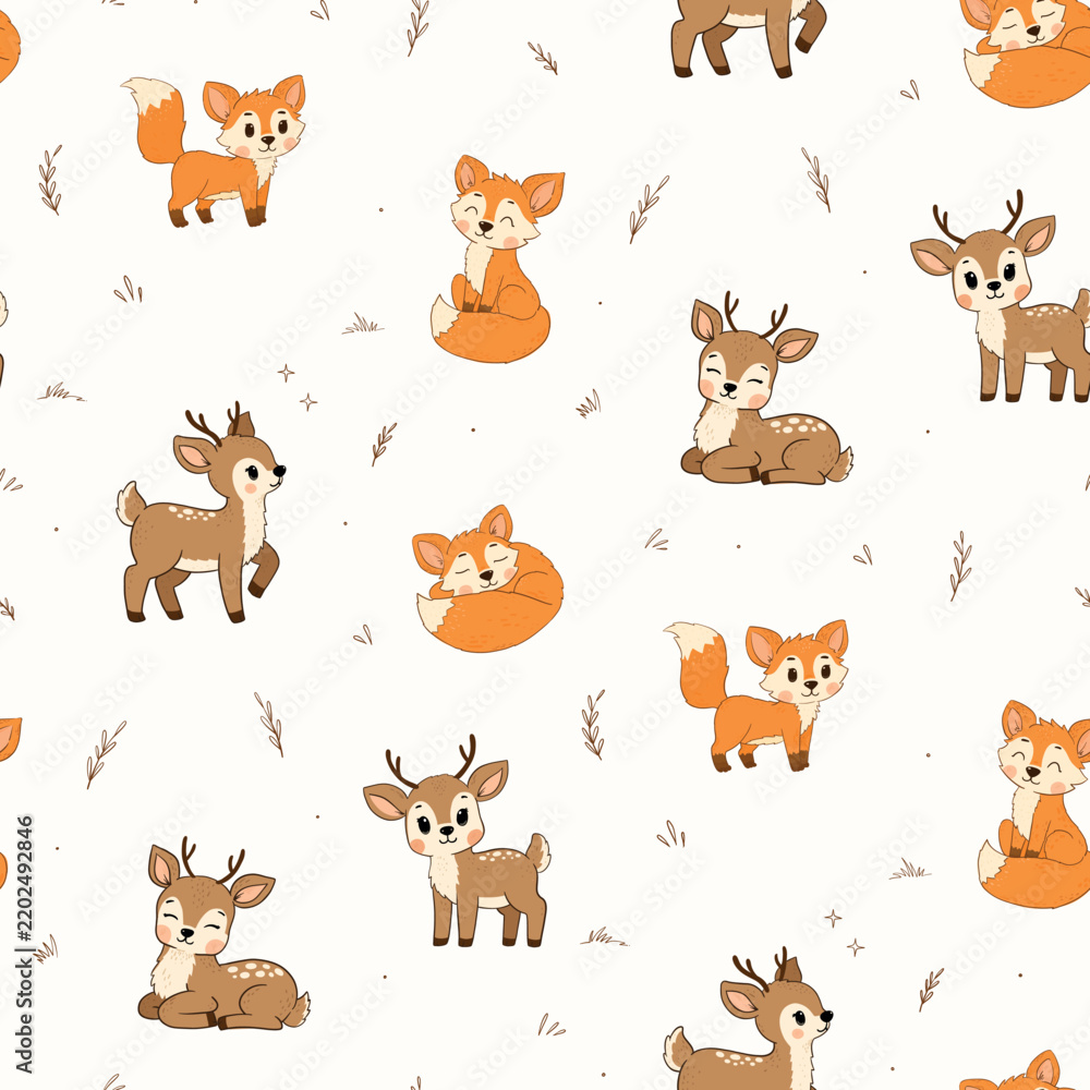 Obraz premium Cute foxes and reindeers doodles seamless pattern for nursery decor, kids apparel, textile prints, wallpapers, banners, stationery, wrapping paper, scrapbooking, etc. EPS 10