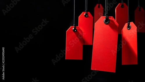 Red tags hanging on black background