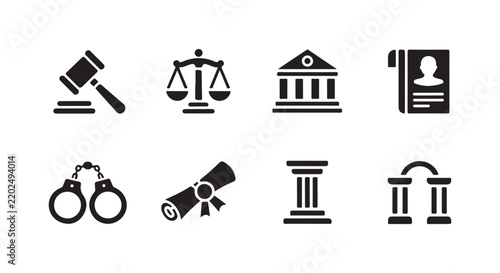 Black law and justice icon set includes gavel, scales, court, profile, handcuffs, scroll, and pillars.