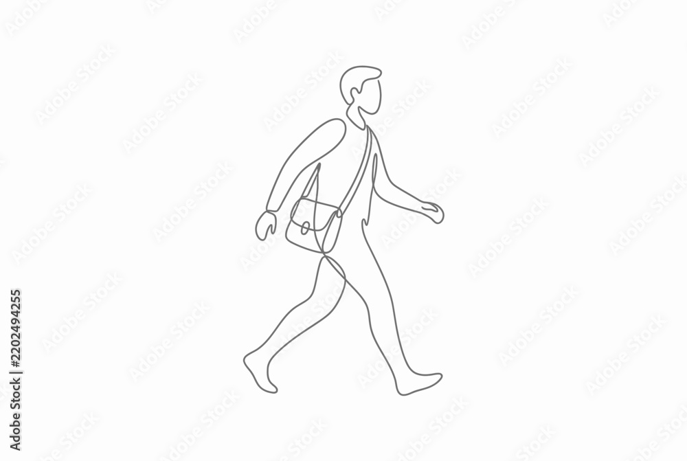 Fototapeta premium Minimalist continuous line drawing of man walking with bag.