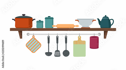 Kitchen utensils and cookware on a shelf in a flat design illustration