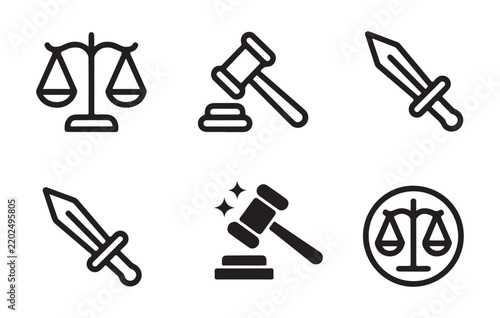 Outline icons of law and justice symbols, including scales, gavels, and swords on a transparent background.