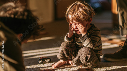 Little boy sitting cross-legged on the floor covering his face while crying, with parents nearby and toy car on carpet.